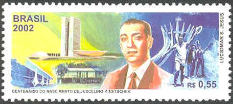 Brazil 2002. Brasilia. Birth centenary of President Juscelino Kubitschek, the founder of Brasilia, on the background of the National Congress Building, and the Metropolitan Cathedral. 